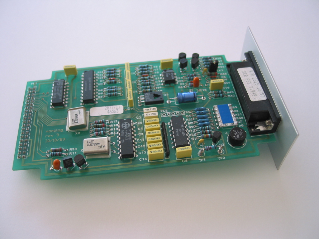 Analogue PCB overview showing modem, line interface and D-type connector