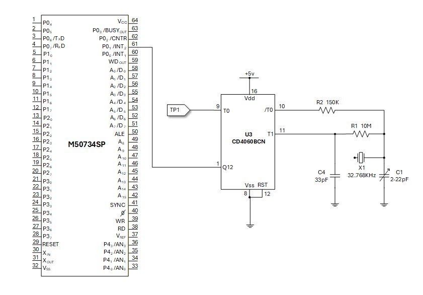 Real-time clock circuit — M50734SP CPU, CD4060BCN divider and 32.768kHz crystal oscillator